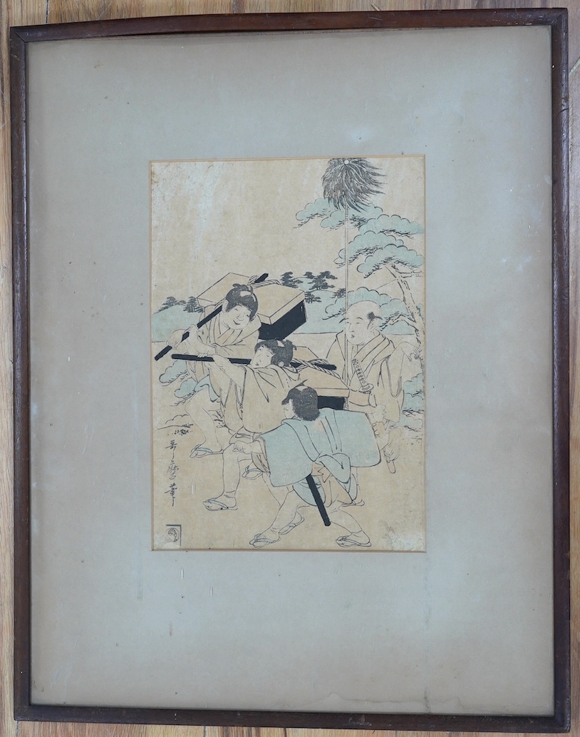 From the Studio of Fred Cuming. Japanese woodblock print, Four figures before a landscape, 32 x 22cm. Condition - fair, some staining and losses